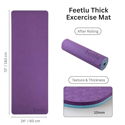 Extra Thick Yoga Mat with Carry Strap, 10mm Non-Slip Exercise Mat, 72 x 24 Inch Cushioned Workout Mat for Yoga, Pilates, Stretching & Floor Exercises