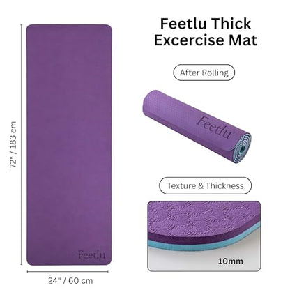 Extra Thick Yoga Mat with Carry Strap, 10mm Non-Slip Exercise Mat, 72 x 24 Inch Cushioned Workout Mat for Yoga, Pilates, Stretching & Floor Exercises