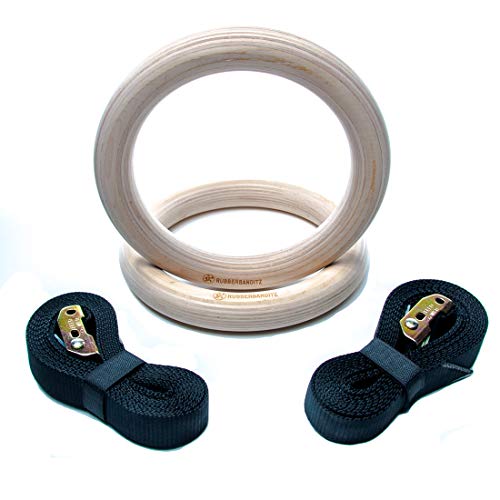 Rubberbanditz Wooden Gymnastic Rings with 16ft Adjustable Straps | Exercise Olympic Rings for Strength Training, Pull-Ups, Dips | Gymnastics Equipment | Fitness Rings for Men & Women