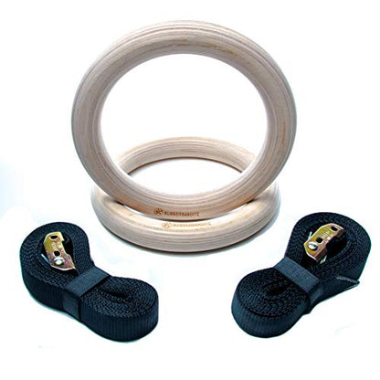 Rubberbanditz Wooden Gymnastic Rings with 16ft Adjustable Straps | Exercise Olympic Rings for Strength Training, Pull-Ups, Dips | Gymnastics Equipment | Fitness Rings for Men & Women