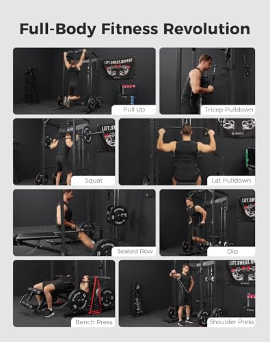 Mikolo F4 2.0 Power Cage with Dual-Track Smooth Pulley System, 1200LBS Power Rack with Leg Hold-Down for Heavy LAT Pulldowns - color: Black, size: F4 2.0 (with Bench＆Bar＆230LB CP）