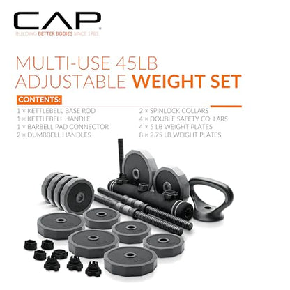 CAP Barbell Multi-Use Adjustable Weight Set - Versatile Dumbbell, Barbell & Kettlebell for Full-Body Workouts | 45lb and 66lb options - size: 45 lb Set
