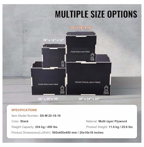 Plyometric Jump Box 3-in-1, 20/18/16 Inch Wooden Plyo Box for Fitness, Agility Training, Step Up Platform - Home Gym Equipment, Black