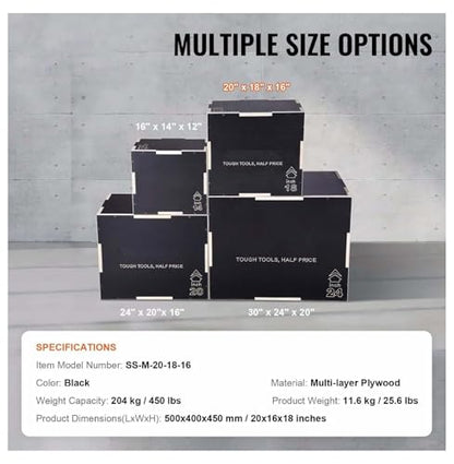 Plyometric Jump Box 3-in-1, 20/18/16 Inch Wooden Plyo Box for Fitness, Agility Training, Step Up Platform - Home Gym Equipment, Black