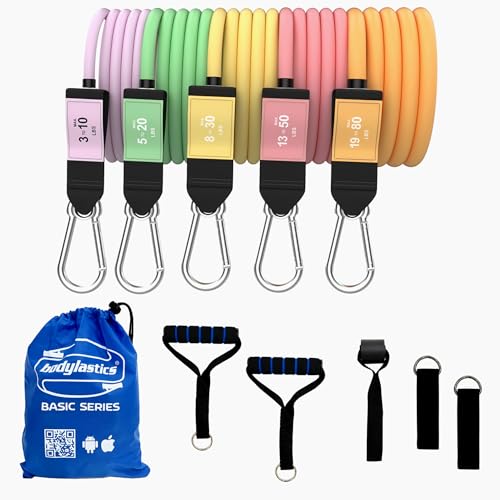 Bodylastics Patented Basic Series Resistance Band Set - Resistance Bands with Snap Reduction Tech, 2 Handles, 2 Ankle Straps, 1 Door Anchor & 1 Carry Bag