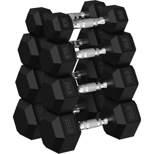 HANDBODE Rubber Coated Hex Dumbbell Set, 90-640 lb - size: 136 lb Set (Pair of 8, 15, 20, 25 lb)