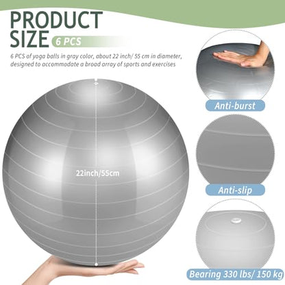 Hungdao 6 Pack Exercise Ball Bulk Inflatable Pregnancy & Workout Ball 22 Inch Heavy Duty Pilates Ball for Yoga Stretching Therapy Balance Physical Fitness - color: Gray