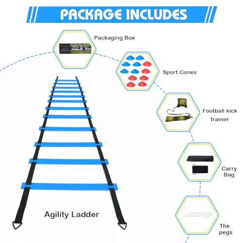 Soccer Speed Agility Training Set - 20FT Agility Ladder 12/16 Sports Cones and Soccer Kick Trainer Football Training Equipment Footwork Drills for Youth and Adults - color: Blue, style: Agility Ladder+Cones+Soccer Trainer