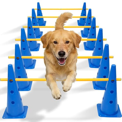 Dog Agility Course Backyard Set with Height Adjustable Crossbar, Dog Agility Training Hurdle Cone Set, 18.9" Dog Agility Equipment for Rehabilitation, Obedience, Starter - 6 Poles & 12 Cones