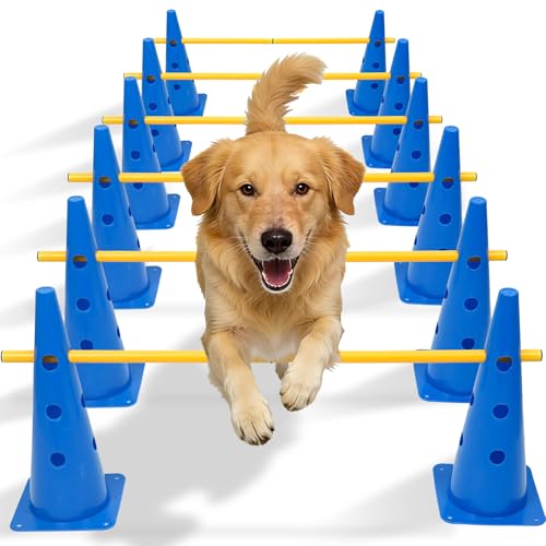 Dog Agility Course Backyard Set with Height Adjustable Crossbar, Dog Agility Training Hurdle Cone Set, 18.9" Dog Agility Equipment for Rehabilitation, Obedience, Starter - 6 Poles & 12 Cones