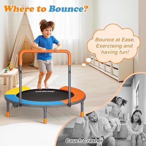 Premium 3FT Foldable Toddler Trampoline for Kids Ages 3-6, 36 Inch ASTM Certified Mini Trampoline with Adjustable Handle, 100 lbs Capacity, Quiet Elastic Bands, Safe for Indoor Outdoor Use
