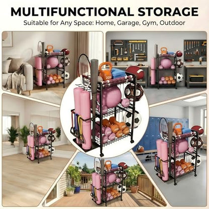 Home Gym Storage Rack 3-Tier Dumbbell Rack with Ball Holder & Side Basket Heavy Duty Vertical Workout Equipment Organizer for Yoga Mats Lockable Wheels