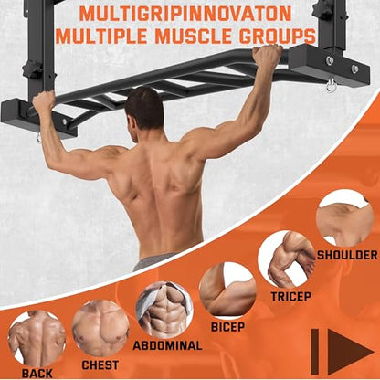 48" Joist Mounted Pull Up Bar, 600LBS Heavy Duty Multi Grip Ceiling Mount Chin Up Bar, Ceiling Beam for Home Gym/Garage/Basement with 5-Height Adjustable& Round Anchors, Easy to Install