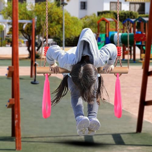 PELLOR Trapeze Bar Gym Rings -Trapeze Swing Bar for Playground Wooden Swing Set with Adjustable Rope Kit Equipment for Children Adult - color: Pink