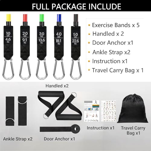 Resistance Bands Set, Exercise Bands, Work Out Bands with Handles, Up to 150lbs, Color Coded Exercise Bands, Exercise Guide, Storage Bag