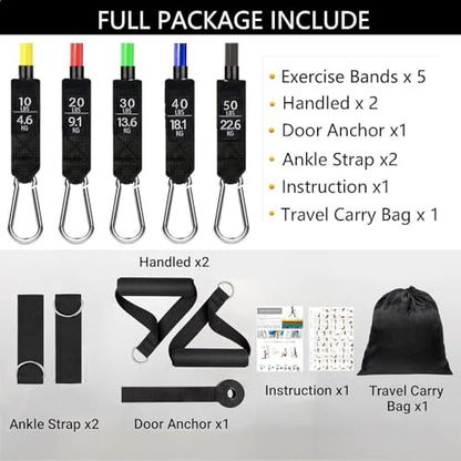 Resistance Bands Set, Exercise Bands, Work Out Bands with Handles, Up to 150lbs, Color Coded Exercise Bands, Exercise Guide, Storage Bag