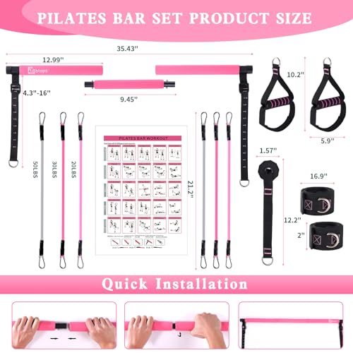 Pilates Bar Kit with Resistance Bands,Pilates Bar with Stackable Bands Workout Equipment for Legs,Hip,Waist and Arm,Exercise Fitness Equipment for Women & Men Home Gym Yoga Pilates - color: Rose