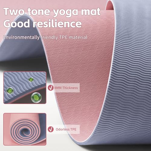PAIDU Yoga Mat 8mm TPE Non‑Slip Fitness Mat with Strap for Home Workouts - color: Deep Pink&Grey