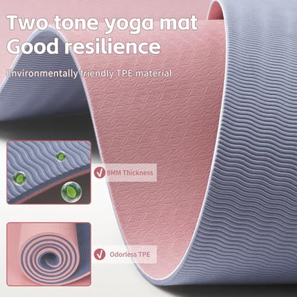 PAIDU Yoga Mat 8mm TPE Non‑Slip Fitness Mat with Strap for Home Workouts - color: Deep Pink&Grey