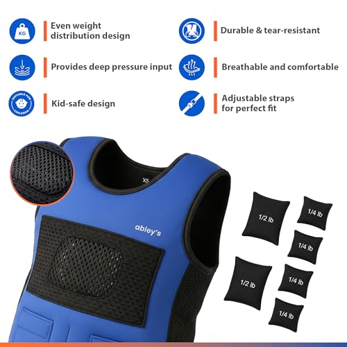 abley's Children's Sensory Weighted Vest for Children with Sensory Issues, Autism, ADHD | Adjustable Therapeutic Support | Compression Vest | Includes 6 Removable Weights | Blue, Small