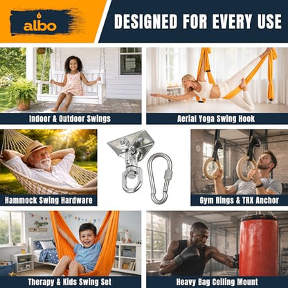 Albo 2650 LBS Ceiling Mount Swing Hanger Hook for Hammock Chair & Porch Swing, 360° Rotating Heavy Duty Bracket with Safety Carabiner, Punching Bag, Yoga Swing, TRX Strap, Garage Gym