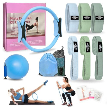 DICYWUDI Pilates Essentials Kit for Home Women, Pilates Equipment for Workouts, 6 Fabric Resistance Bands, 12 Inch Magic Circle Yoga Ring, Mini Exercise Ball, Great Exercise Equipment - color: 8pcs Blue set
