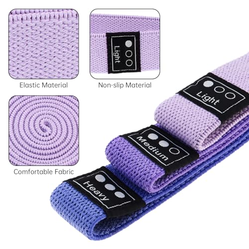 Fabric Resistance Bands - 3-Pack Set, Long Cloth Exercise Bands for Home Workout Strength Training, Yoga & Pilates | with Storage Bag - color: Light Pink, Light Purple, Dark Purple