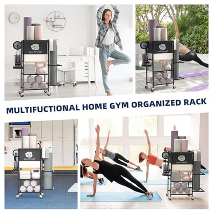 Multi-Functional Home Gym Storage Rack,All-in-One Weight Rack,Yoga Mat Foam Rollder Holder with Wheels and Side Holder - color: Black