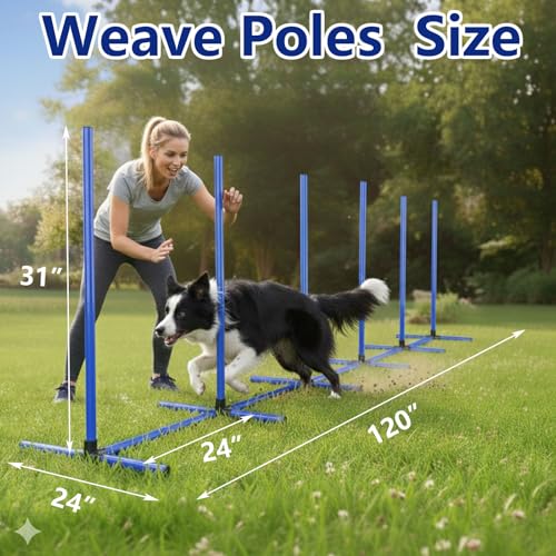 6 Weave Poles or 2 Hurdle Dog Agility Set, Indoor & Outdoor - color: Blue Weave Poles 6