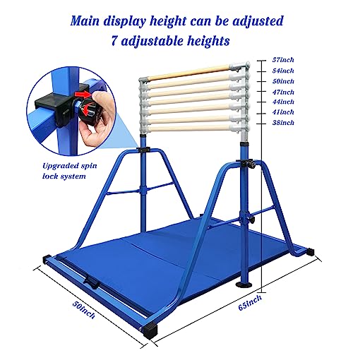 Gymnastics Bar for Kids with Rings Set, 7 Heights Adjustable Easy Folding Gymnastic Training Bar Kids Monkey Horizontal Bars - Max Load 300LBS