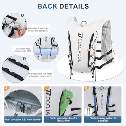BECOJADDE Running Vest for Women Men, 5L/6L Lightweight Hydration Backpack Running Pack for Marathon, Trail, Cycling, Hiking, Jogging - color: White