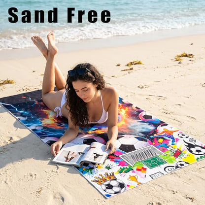 Large Soccer Beach Towel - 71" x 35" Oversized Microfiber Sand Free Quick Dry Absorbent Compact Sports Beach Towel for Pool Travel Gym Bath Camping - Cool Soccer Fan Gift for Men Women Summer Vacation