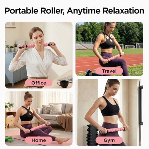 Muscle Roller & Massage Roller Stick for Athletes - Lymphatic Drainage Support, Relieves Muscle Soreness, Cramping & Tightness - Targets Legs, Arms, Back & Calves （Pink - 18inch）