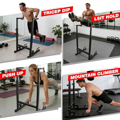 Dip Station, Adjustable Height 6-Level Multi-Function Power Tower Pull Up Bar Stand – Heavy Duty Steel Dip Bars for Home Gym, Tricep Dips L-Sit Push Up Calisthenics Workout Equipment, Supports 500 LBS