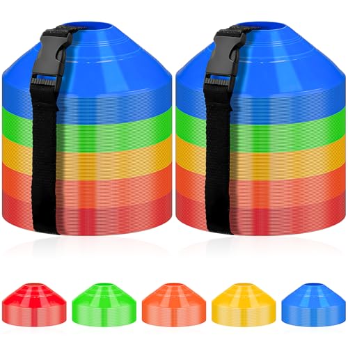100 Pcs Soccer Cones with Strap Agility Disc Cones Soccer Training Cones, Field Marker Sport Training Cones for Challenge Football Basketball Skating Games Outdoor Indoor