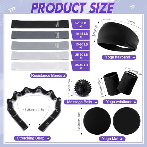 18 Pcs Home Pilates Ball and Ring Circle Set Yoga Fitness Essentials Kit with 5 Resistance Band Stretching Strap Non Slip Sock Ball Core Slider Wristband Headband Gym Bag for Women