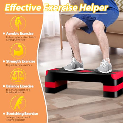 HomGarden Adjustable Workout Aerobic Stepper in Fitness & Exercise Step Platform Trainer Stepper w/Risers Adjust 4"-6''-8'' - color: Red
