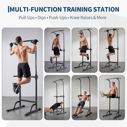Power Tower Home Gym Strength Training Station Adjustable 10 Height Levels, Heavy-Duty Chin-Up Tower with Parallel Dip Handles, Bodyweight Workout Equipment for Pull-Ups, Dips, Knee Raises, Push-Ups, 330 Lb Capacity