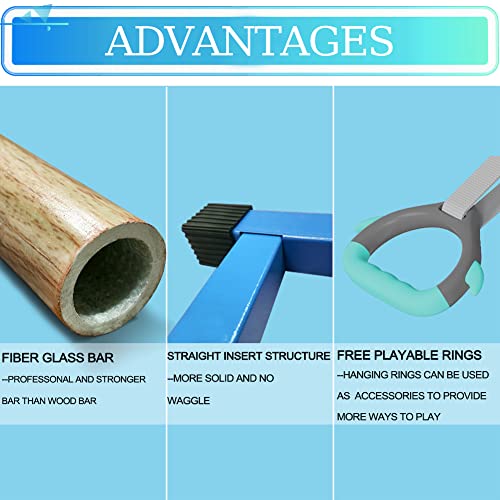 Gymnastics Bar for Kids with Rings Set, 7 Heights Adjustable Easy Folding Gymnastic Training Bar Kids Monkey Horizontal Bars - Max Load 300LBS
