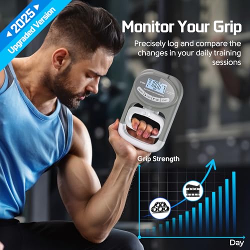 Grip Strength Tester Hand Dynamometer - Grip Strength Trainer Electronic Hand Gripper Strengthener Wrist Exerciser Meter Digital Training Gauge 265 Lbs / 120 Kgs for Sport School Home Use - color: Gray