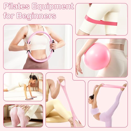 Pilates Kit for Women, Pilates Equipment Ring and Ball Set with Resistance Bands, Yoga Strap, Core Sliders, Socks, Bag & Guide for Starter Home Workout Fitness Gym Essentials