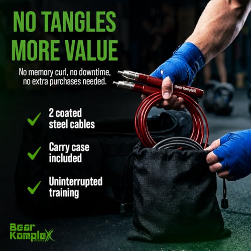 Bear KompleX Speed Jump Rope - Adjustable Tangle-Free Skipping Rope, Lightweight Handles, Smooth 360° Swivel Bearings, 2 Steel Cables, Free Carrying Case - color: Red