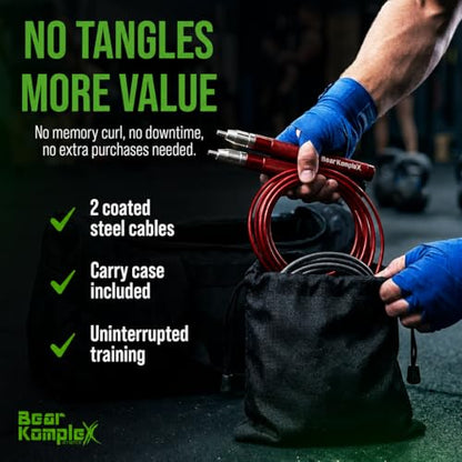 Bear KompleX Speed Jump Rope - Adjustable Tangle-Free Skipping Rope, Lightweight Handles, Smooth 360° Swivel Bearings, 2 Steel Cables, Free Carrying Case - color: Red