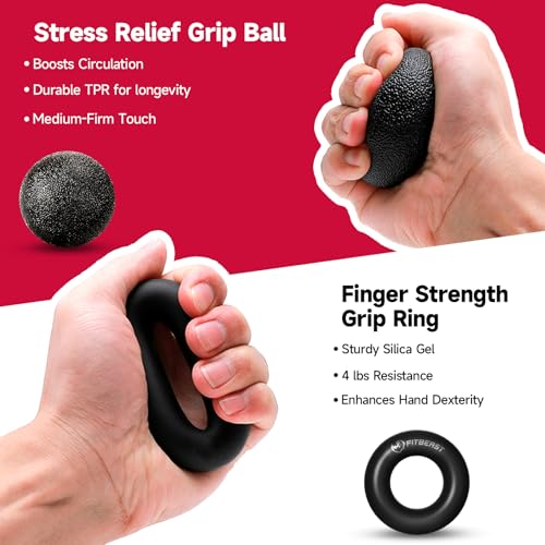 FitBeast Hand Grip Strengthener Workout Kit (5 Pack), 2 Forearm Grip Adjustable Resistance Hand Gripper, Finger Stretcher, Grip Ring & Stress Relief Grip Ball for Athletes - color: Black