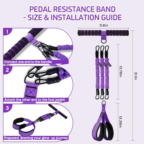 Multifunction Pedal Resistance Band with Handle, 3 Tube Adjustable 30/40/50LB Foot Pedal Puller Resistance Bands with Poster, Extended Length Tension Rope for Men Women Full Body Workout Home Gym - color: Purple