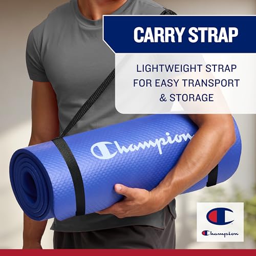 Champion 10mm Exercise Mat, Cushioned Non-Slip Workout Mat with Textured Base for Yoga, Pilates, Stretching & Floor-Based Training, Lightweight NBR Material, Includes Carry-On Strap - color: Black