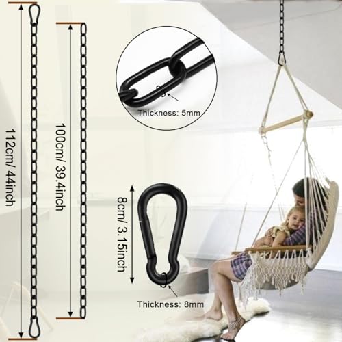 2 Pack Hanging Swing Chain with 4 Carabiners 44in, 660LB Capacity Heavy Duty Hammock Hardware Kit for Punching Bags, Swing Chairs, Indoor & Outdoor Gym (Black, 44in, 2pcs)