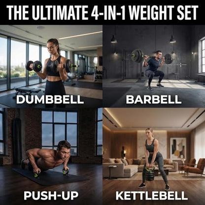 Adjustable Dumbbell Set 44LB, 4-in-1 Free Weight Set with Barbell & Kettlebell & Push-Up Handles, Compact All-in-One Home Gym for Men & Women, Anti-Slip Grip, Quiet Rubber-Coated Plates