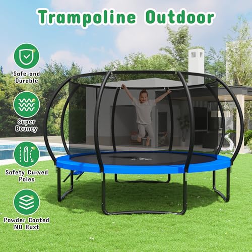 8FT 10FT 12FT 14FT 16FT Outdoor Trampoline with Safety Enclosure Net - color: Blue, size: 12 FT