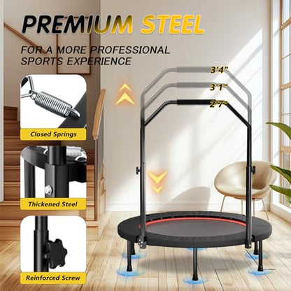 40'' Fitness Trampoline with 4 Levels Height Adjustable Foam Handle, Foldable Mini Rebounder for Adults Home Indoor Workout, 6-Leg Exercise Trampoline, Max Load 330lbs - color: Black with Handle
